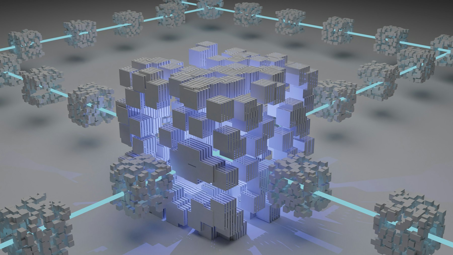 Abstract illuminated cube structure representing engineered intelligence